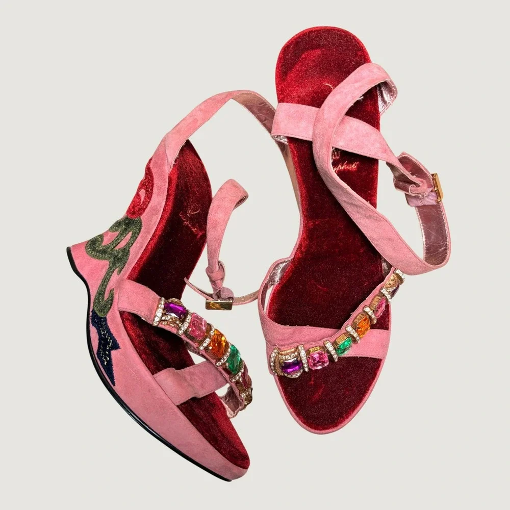 Y2K Rare Grail Baby Phat Pink Suede Wedge Sandals Gemstone Embroidered Heels